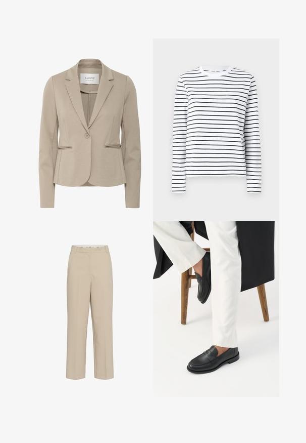 Beige skræddersyet damesblazer med enkeltknaplukning, notched revers og to forlommer.; Langærmet skjorte i hvid bomuld med sorte horisontale striber. Har en rund halsudskæring og en afslappet pasform. Ingen bemærkelsesværdige accenter eller mønstre.; Beige skræddersyede bukser med lige ben, med bæltestropper og en skjult frontlukning, præsenteret på en hvid baggrund.; Person iført sorte læder loafers og hvide bukser, siddende på en træskammel mod en hvid baggrund.