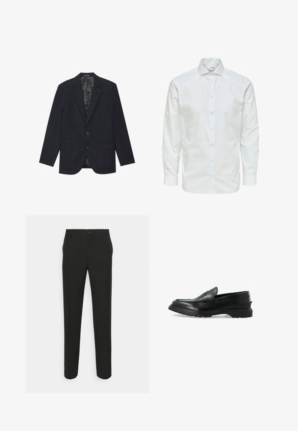 Blazer noir en tissu texturé, avec un col cranté, deux poches avant, deux boutons et une doublure intérieure à motifs.; Chemise blanche à manches longues avec fermeture par boutons sur le devant et col pointu, présentée sur fond blanc.; Pantalons noirs ajustés à coupe droite, dotés d'une fermeture à un bouton et de passants de ceinture. Tissu lisse, mat et sans motifs.; Mocassins en cuir noir avec un design bas, des accents texturés, une semelle flexible et un léger talon surélevé pour l'adhérence et le confort.