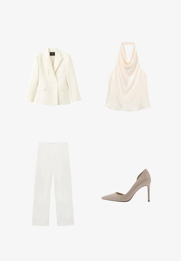 Mango Blazer - ecru; Cremefarbenes ärmelloses Neckholder-Top mit drapiertem Wasserfallausschnitt und Rückenverschluss.; Weite Hosen aus weißem Stoff mit glatter Textur, klaren Linien und einem subtilen Glanz, ohne sichtbare Beschläge oder Muster.; Beige Lackleder-Pumps mit hohen Absätzen, spitzer Zehenpartie, flachen Ausschnitten an den Seiten und einem schlanken Absatz. Glatte Textur mit glänzender Oberfläche.