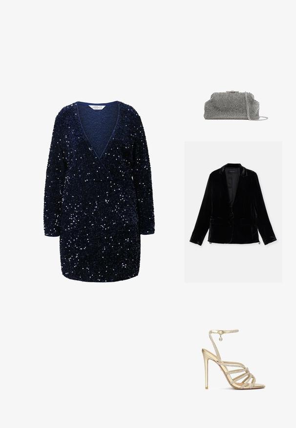 Sort fløjl blazer med lange ærmer, slagkrave, enkelt knaplukning og to forlommer. Glat tekstur og skræddersyet pasform.; Mørkeblå, palietteret kjole med lange ærmer, omslagsdesign, dyb V-hals og struktureret stof, der har en tætsiddende talje og løs kant.; Guld højhælede sandaler med flere krystalbesatte stropper og en ankelrem, med en glat metallisk finish og en spids tå.; Reiss ADALINE EMBELLISHED - Clutches - silver coloured