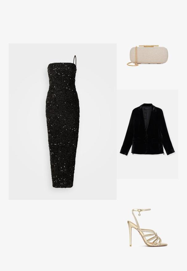 Blazer en velours noir avec manches longues, revers cranté, fermeture à un bouton, et deux poches avant. Texture douce et coupe ajustée.; Jarlo CLEMENT - Robe de cocktail - black; Sandales à talons hauts dorées avec plusieurs brides ornées de cristaux et une sangle de cheville, présentant une finition métallique lisse et un bout pointu.; Pochette rectangulaire beige texturée avec bandoulière chaîne dorée et fermoir doré orné de strass sur fond blanc.