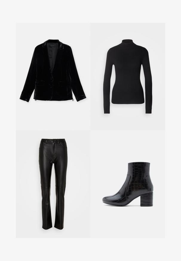 Zwarte fluwelen blazer met lange mouwen, notch revers, enkele knoopsluiting en twee voorzakken. Gladde textuur en slim fit.; Zwarte coltrui gemaakt van lichte brei stof. Heeft lange mouwen, een aansluitend design en een zachte ribbeltextuur.; Zwarte leren broek met een gladde textuur, slim fit en een standaard tailleband, voorzien van een knoopsluiting en twee voorzakken.; Zwarte enkellaars gemaakt van glanzend krokodillenprintleer. Voorzien van een ronde neus en een dikke blokhak. Gladde textuur en slank ontwerp.