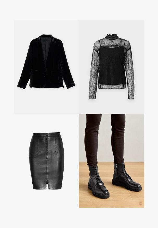 Blazer de terciopelo negro con mangas largas, solapa de muesca, cierre de un botón y dos bolsillos frontales. Textura suave y corte ajustado.; Top de encaje negro de manga larga con cuello alto, patrón floral intrincado, tejido transparente y panel sólido en la zona del pecho.; bugatti BU-303 - Falda de cuero - schwarz; Botas negras de cuero hasta el tobillo con detalles de brogue, cordones en la parte delantera, cremalleras laterales y suelas de goma texturizadas. Combinadas con pantalones oscuros de corte slim.