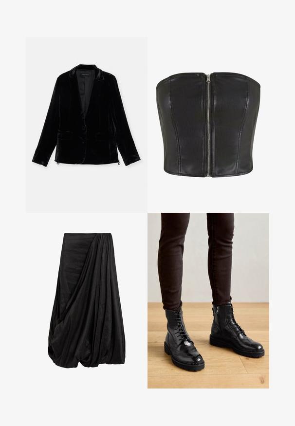 Schwarzer Samtblazer mit langen Ärmeln, Reverskragen, einreihigem Knopfverschluss und zwei vorderen Taschen. Glatte Textur und taillierte Passform.; Schwarzes Leder-Corsage-Oberteil mit strukturierter Passform. Verfügt über einen zentralen silbernen Reißverschluss und Nahtdetails entlang des Oberteils. Schmeichelnde Textur.; Schwarzer, drapierter Rock aus einem glatten Stoff, der mit komplexen Falten und einer fließenden Silhouette überzeugt. Der Rock hat eine geraffte Taille.; Schwarze LederStiefeletten mit Brogue-Details, Schnürung, seitlichen Reißverschlüssen und strukturierten Gummi-Sohlen. Kombiniert mit dunklen Slim-Fit-Hosen.
