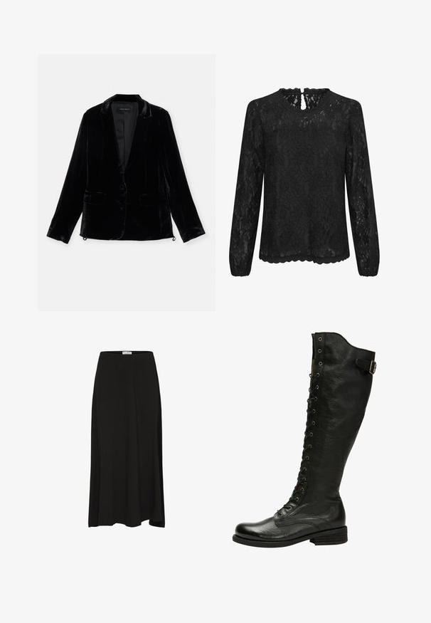 Zwarte fluwelen blazer met lange mouwen, notch revers, enkele knoopsluiting en twee voorzakken. Gladde textuur en slim fit.; Zwarte kanten blouse met lange mouwen, een ronde halslijn, een gekartelde zoom en een keyhole-detail aan de achterkant. Fijne bloemenpatroon door het hele kledingstuk.; Zwarte knielange rok van zacht materiaal met een gladde textuur, voorzien van een elastische tailleband en een vloeiende silhouette.; Zwarte leren kniehoog laars met vetersluiting aan de voorkant, zilveren oogjes en een bucklet aan de zijkant. Heeft een gestructureerde afwerking en een gestapelde hak.