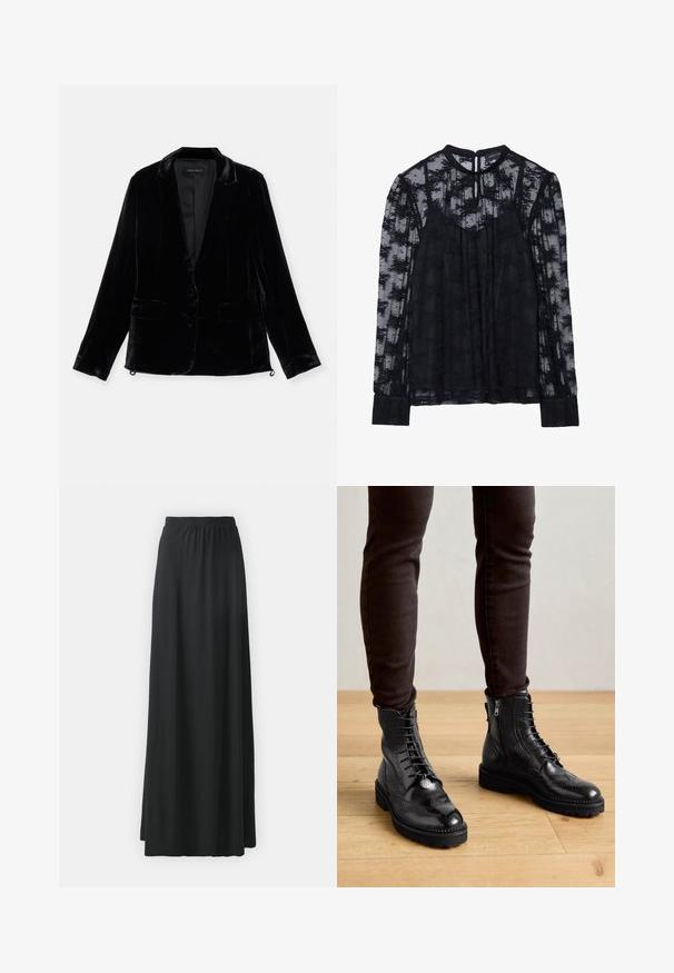 Blazer en velours noir avec manches longues, revers cranté, fermeture à un bouton, et deux poches avant. Texture douce et coupe ajustée.; Blouse noire transparente avec de longues manches en dentelle et un col haut. Motif floral décoratif sur l'ensemble. Fermeture en clé à l'arrière et poignets ajustés.; Jupe maxi noire en tissu doux et extensible avec une taille élastique, présentant une silhouette fluide en A.; Bottines en cuir noir avec des détails de brogue, un laçage à l'avant, des fermetures éclair sur les côtés et des semelles en caoutchouc texturé. Associées à un pantalon slim noir.