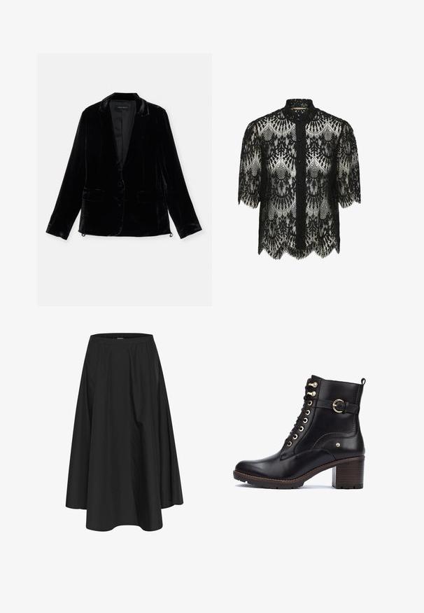 Blazer de terciopelo negro con mangas largas, solapa de muesca, cierre de un botón y dos bolsillos frontales. Textura suave y corte ajustado.; Blusa de encaje negra con dobladillo en forma de ondas y mangas cortas. Presenta un cuello alto y cierre de botones. Patrón floral intrincado en toda la prenda.; Falda negra hasta la rodilla con cintura elástica, con pliegues para dar volumen y una textura suave. Diseño simple y clásico sin adornos.; Botas de tobillo de cuero negro con herrajes dorados, punta redonda, diseño de cordones y un tacón grueso con acabado de madera. Presenta un acento de correa lateral.