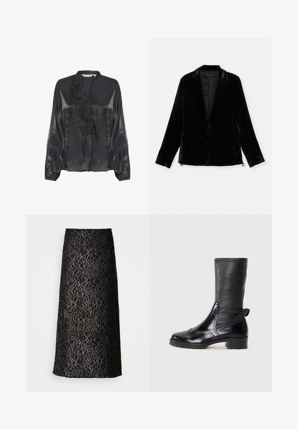 Blazer de terciopelo negro con mangas largas, solapa de muesca, cierre de un botón y dos bolsillos frontales. Textura suave y corte ajustado.; Culture CUFIOLA - Blusa - black; Falda maxi de encaje negro con un patrón floral y diseño texturizado, con una silueta recta y un forro interior suave.; Botín negro con parte superior de cuero suave, detalles de brogue, puntera redondeada y tacón bloque de altura media. Presenta un eje suave y texturizado.