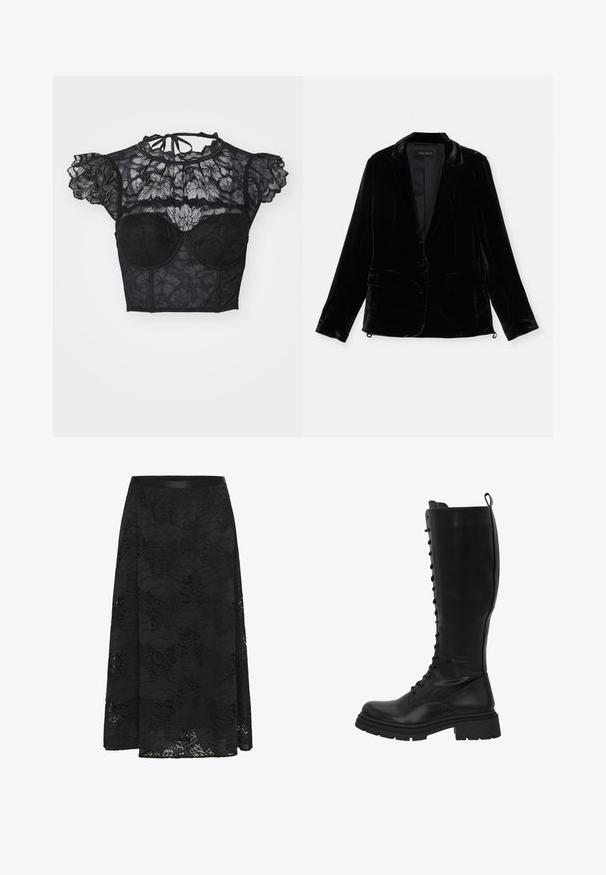 Zwarte fluwelen blazer met lange mouwen, notch revers, enkele knoopsluiting en twee voorzakken. Gladde textuur en slim fit.; LASCANA Blouse - black; Zwarte kanten rok met een uitlopende ontwerp. Heeft een bloemenpatroon, een gestructureerd oppervlak en een aansluitende tailleband. De lengte komt tot halverwege de kuit.; Zwarte leren kniehoge laarzen hebben een vetersluiting aan de voorkant, een stevige zool met groeven en een brede schacht voor comfortabel dragen.