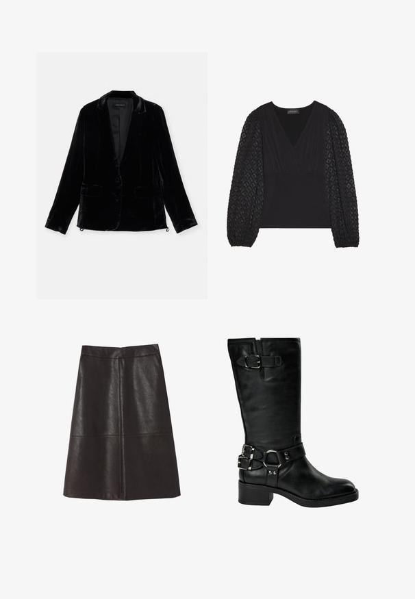 Blazer en velours noir avec manches longues, revers cranté, fermeture à un bouton, et deux poches avant. Texture douce et coupe ajustée.; Haut noir avec un décolleté en V, un corps ajusté et des manches bouffantes texturées avec un motif en diamant. Fabriqué en matériau doux et extensible.; Jupe A-line en cuir noir avec une texture lisse, dotée d'une taille haute et de coutures discrètes. Pas de fermetures ni de motifs visibles.; Botte noire en cuir jusqu'au milieu du mollet avec un talon bas carré, deux boucles argentées à la cheville, une boucle près du haut, et une sangle avec un détail en anneau métallique.