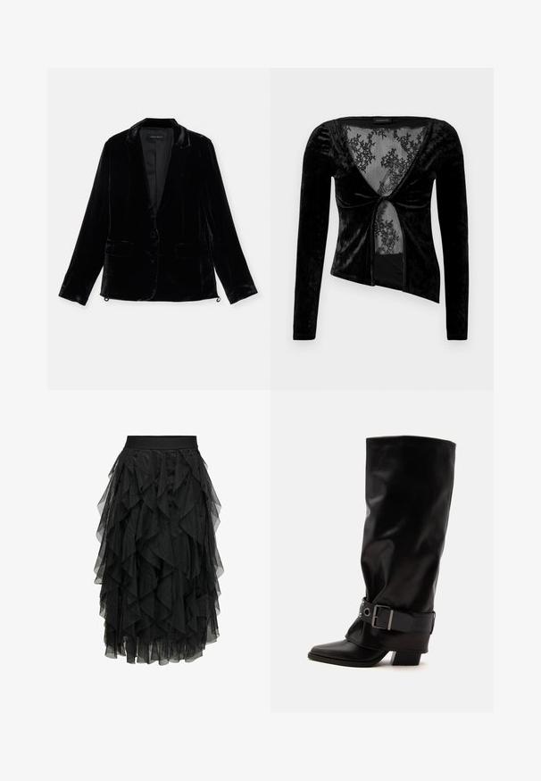 Blazer en velours noir avec manches longues, revers cranté, fermeture à un bouton, et deux poches avant. Texture douce et coupe ajustée.; Haut en velours noir à manches longues avec un décolleté plongeant, présentant un insert en dentelle et un détail en front tordu. Texture lisse, design ajusté.; Jupe noire en tulle superposé avec un design à volants. Elle dispose d'une taille élastique. Le tissu transparent ajoute de la texture et du mouvement.; Botte haute en cuir noir avec talon carré, bout pointu et sangle décorative à boucle autour de la cheville.