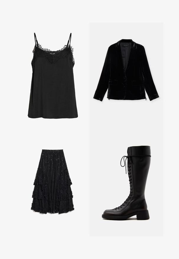 Blazer en velours noir avec manches longues, revers cranté, fermeture à un bouton, et deux poches avant. Texture douce et coupe ajustée.; Camisole noire à bretelles ajustables, dotée d'une bordure en dentelle au niveau de l'encolure. Fabriquée en tissu doux avec une coupe ample et sans motifs visibles.; Jupe noire à couches en dentelle texturée, présentant des volants avec une finition effilochée et des paillettes éparpillées pour plus de détails.; Grande botte noire en cuir à lacets avec un petit talon bloc et un bout arrondi vue de côté sur fond blanc.