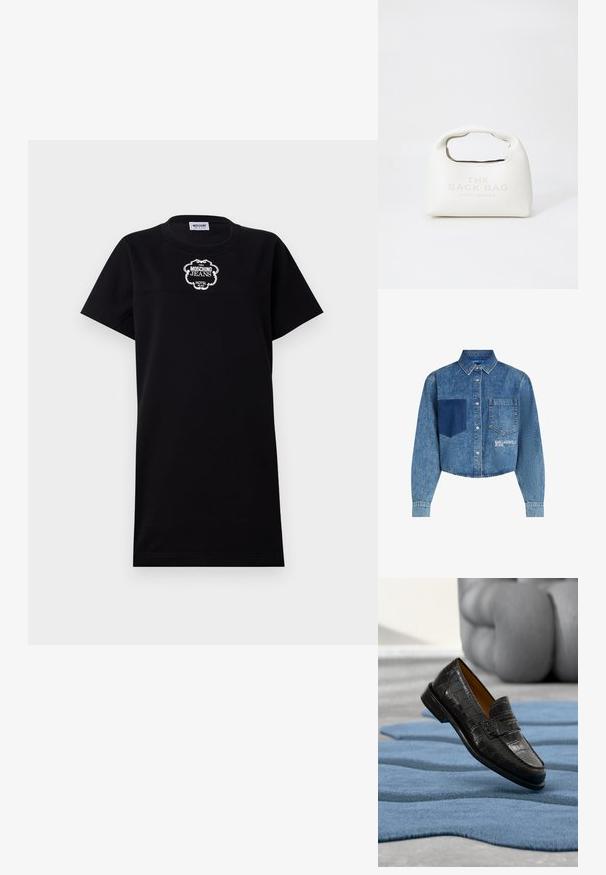 Kära denim särg helesinisena. Omab vasakul pooli asuvat taskut, kontrastset tumedat sinist osa ja logo tikandit rinnal.; Must t-särk-kleit lühikeste varrukatega. Rinnal on valge tikandiga logo "Moschino Jeans Hotel". Lihtne ja sirge lõige.; Must nahkkrokodilli tekstuuriga loafer, mis hõljub sinisel, abstraktse kujuga vaibal heleda halli põranda kohal.; Valge nahast käekott ümarate servadega, lühikese käepideme ja pressitud brändimisega. Sile tekstuur, lukuga sulgemine, kompaktne kuju.
