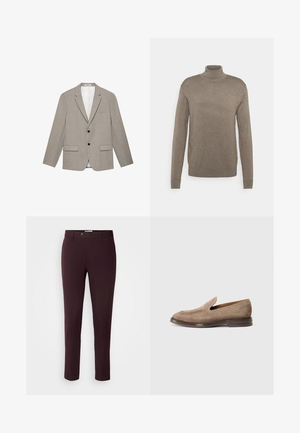 Vaaleanharmaa miesten bleiseri lovikauluksilla, kahdella mustalla napilla, läppätaskuilla ja rintataskulla, esitettynä litteänä valkoisella taustalla.; Beige turtleneck-paita, joka on valmistettu pehmeästä neuloksesta. Ominaisuuksiin kuuluu pitkät hihat ja ribbaustekniikalla tehdyt hihansuut sekä rento istuvuus. Ei näkyviä kuvioita.; Tumman viininpunaiset housut, joissa on kapea malli. Varustettu napilla suljettuna, vyölenkeillä ja etusommuksilla. Sujuva kangas ja tyylikäs muotoilu.; BOSS CASSIAN - Loaferit/pistokkaat - beige/khaki