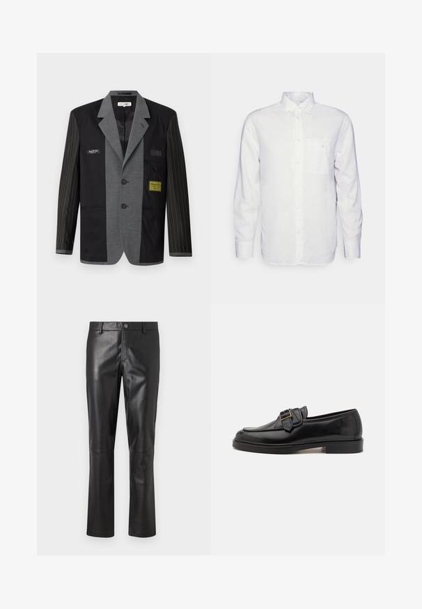 Zwart-grijze two-tone blazer, met een krijtstreep op één mouw, knopen en logopatches. Soepele stof met een getailleerde pasvorm.; Witte longsleeve shirt van katoen, met een button-down kraag, een voorzak en een regular fit. Textuurstof met een gladde oppervlakte.; Zwarte leren broeken met een gladde textuur, recht model en subtiele stiksel langs de naden. Voorzien van een knoopsluiting in de taille.; Zwarte leren instappers met een ronde neus en een decoratieve gesp. Platte, stevige hak en een gladde textuur overal.