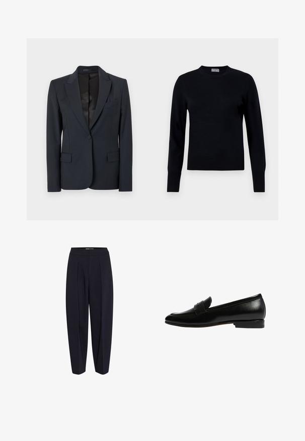 Donker marineblauwe blazer met een gestructureerd ontwerp, net iets gesneden revers, gesloten met een enkele knoop en twee voorzakken. Glad stof met een subtiele textuur.; Zwarte gebreide trui met een ronde hals en lange mouwen. Beschikt over een gladde textuur en ribgebreide boorden, en biedt een klassieke pasvorm en ontwerp.; Marineblauwe broek met een hoge taille, voorzien van voorplooien en een tapse pasvorm. Gemaakt van een soepele stof zonder zichtbare hardware of patronen.; Scarosso VALERIA - Instappers - black calf