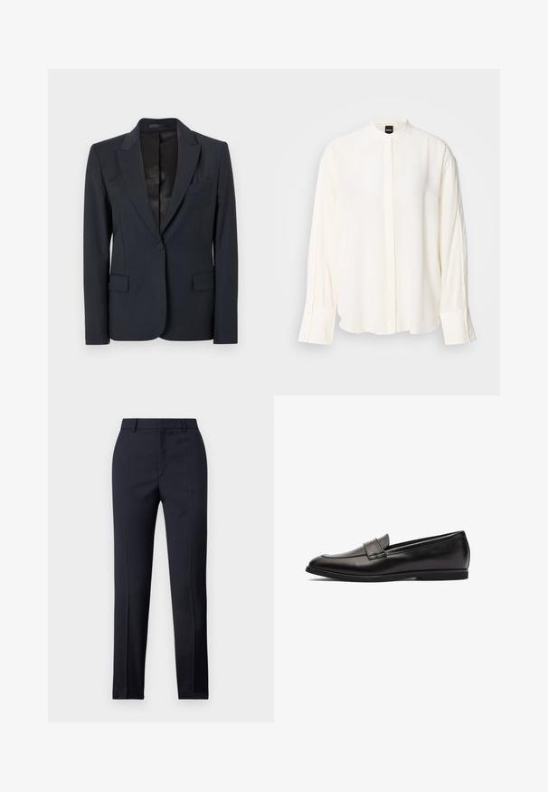 Blazer bleu navy foncé avec un design structuré, des revers crantés, une fermeture à un seul bouton et deux poches avant. Tissu lisse avec une texture subtile.; Blouse à manches longues crème en tissu lisse ; col mao, patte de boutonnage à l'avant, poignets boutonnés et coupe décontractée.; Pantalons ajustés bleu marine avec une coupe droite, présentant une texture lisse, deux poches avant et une taille épurée.; Mocassin en cuir noir avec une finition lisse, un bout arrondi et des accents en double couture sur le dessus. Semelle en caoutchouc plate pour plus de confort.