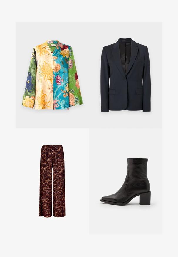 Blazer bleu navy foncé avec un design structuré, des revers crantés, une fermeture à un seul bouton et deux poches avant. Tissu lisse avec une texture subtile.; Veste chemise florale multicolore à manches longues, présentant un mélange de teintes jaunes, vertes, bleues et violettes. Le tissu a une texture lisse et une brillance.; Pantalon à jambes larges avec taille élastique, arborant un motif abstrait de plumes dans des tons rouge foncé et marron.; Bottine noire en cuir avec un bout carré et un talon carré. Le design présente une texture lisse et des détails de couture minimaux.