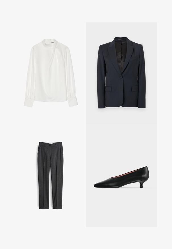 Blazer bleu navy foncé avec un design structuré, des revers crantés, une fermeture à un seul bouton et deux poches avant. Tissu lisse avec une texture subtile.; Blouse blanche avec un col montant, des manches longues bouffantes et une fermeture éclair au dos. Tissu lisse avec un léger éclat et une drapé subtile.; Pantalons gris texturé au design ajusté, avec des plis avant, des passants de ceinture et une fermeture à un bouton à la taille.; Escarpin en cuir noir avec un bout pointu et un petit talon bas, présenté en profil latéral sur un fond clair uni.