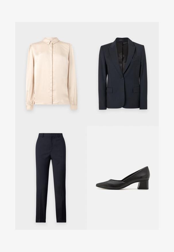 Mørkeblå blazer med en struktureret design, med både klappeslag, enkeltknaplukning og to forsæde lommer. Glat stof med en subtil tekstur.; Beige satin skjorte med lange ærmer, knap- og krave, front placket og samlede puffærmer ved manchetterne. Glat, skinnende tekstur.; Marineblå skræddersyede bukser med lige snit, der har en glat tekstur, to frontlommer og en ren talje.; Sorte læderpumper med spids tå og lav blokhæl, der har en glat overflade og et enkelt, elegant design.