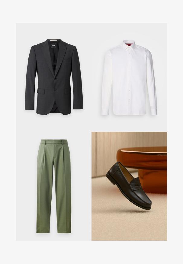 Mørkegrå blazer med klassisk notch-lapel, to forlommer, enkeltknaplukning og subtilt tekstureret stof. Indersiden er sort.; Hvid langærmet skjorte lavet af bomuld, med en klassisk krave, frontplacket med knapper og en glat tekstur. Rød detalje på den indre krave.; Skræddersyede bukser i olivengrøn stof med en glat tekstur, der har to frontfald, bæltestropper og et lige ben-design.; Sort læder loafer-sko hængende over beige tæppe med ravfarvet moderne møblement i baggrunden.