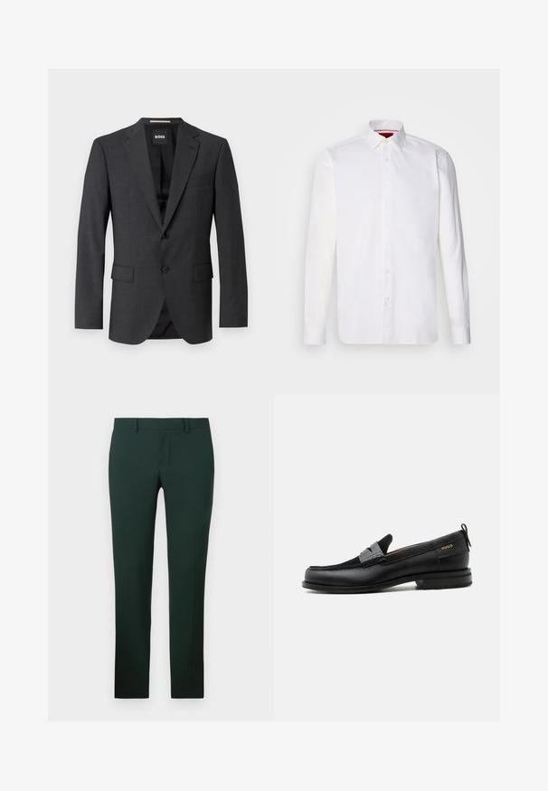 Donkergrijze blazer met een klassieke notch lapel, twee voorzakken, een enkele knopen sluiting en subtiele textuurstof. Binnenzijde is zwart.; Witte overhemd met lange mouwen van katoen, met een klassieke kraag, een voorkant met knopen en een gladde textuur. Rode details aan de binnenkant van de kraag.; Donkergroene broek met een rechte pijpdesign, gemaakt van een gladde stof. Bevat een platte voorkant en een standaard tailleband met ceintuurlussen.; Zwarte leren loafer met grijs riemdetailelement, lage hak en gestructureerde zool, aan de zijkant gebrandmerkt met "HUGO" in goud.