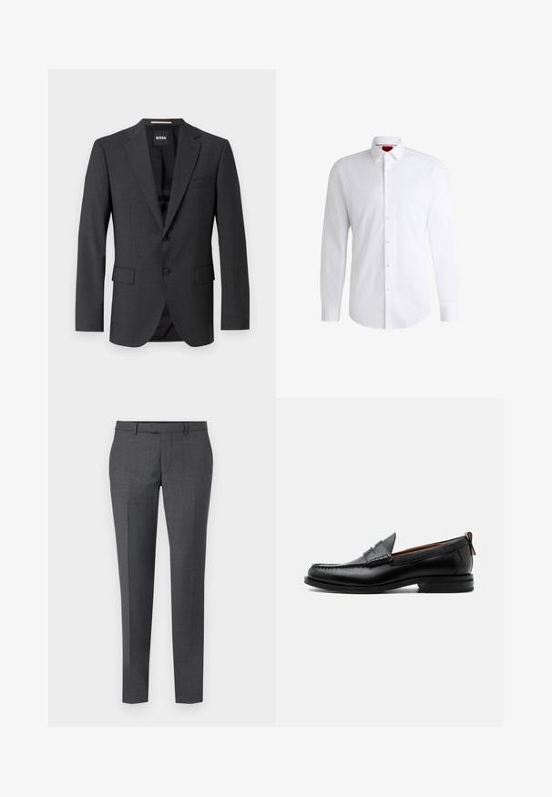Mørkegrå blazer med klassisk notch-lapel, to forlommer, enkeltknaplukning og subtilt tekstureret stof. Indersiden er sort.; Hvid skjorte med knapper lavet af glat stof med klassisk krave, lange ærmer og rundet kant. Har beige knapper foran.; Grå skræddersyede bukser med en glat tekstur, lige pasform, flad front og bæltesløjfer. Har et subtilt ternet mønster og en kant ned foran.; Sort læder herre loafer med moc-tå syning, penny strop, struktureret krave og lav stablet hæl på hvid baggrund.