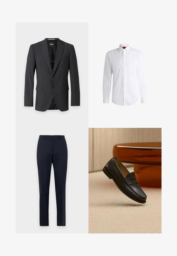Dunkelgrauer Blazer mit klassischem Revers, zwei Fronttaschen, einknöpfigem Verschluss und subtil strukturiertem Stoff. Das Innenfutter ist schwarz.; Weißes Herrenhemd aus glattem Stoff mit klassischem Kragen, langen Ärmeln und abgerundetem Saum. Mit eleganten beigen Knöpfen an der Vorderseite.; Marineblaue, maßgeschneiderte Herrenhosen mit subtilen Karomuster, Gürtelschlaufen und Bügelfalte, frontal auf weißem Hintergrund präsentiert.; Schwarzer Leder-Loafer, der über einem hellbeigen Teppich schwebt, mit bernsteinfarbenen modernen Möbeln im Hintergrund.