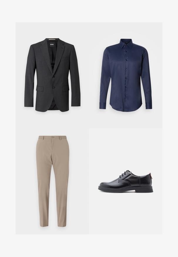 Mørkegrå blazer med klassisk notch-lapel, to forlommer, enkeltknaplukning og subtilt tekstureret stof. Indersiden er sort.; Mørkeblå langærmet herreskjorte med spids krave og frontknaplukning, præsenteret på en ensfarvet hvid baggrund.; Beige skræddersyede bukser med en glat tekstur, slim fit og frontknaplukning. Ingen synlige mønstre eller udsmykninger.; Sorte snørestøvler i læder med glat tekstur, rundet tå og diskrete syningsdetaljer. Har en rød trækflig på hælen.