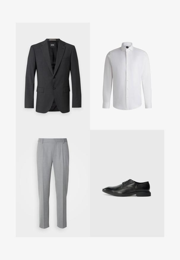 Blazer gris oscuro con solapa notch clásica, dos bolsillos delanteros, cierre de un solo botón y tejido texturizado sutil. El interior es negro.; Camisa blanca de manga larga hecha de algodón suave, con un cuello clásico, botonera completa y puños abotonados. Diseño minimalista.; Pantalones grises a medida con una textura suave, que cuentan con un frente plano, piernas rectas y pliegues sutiles para un detalle adicional.; Zapato de vestir negro de cuero con una textura suave, punta afilada, diseño de cordones con seis ojales y un tacón rectangular bajo. Detalle de marca sutil en el lateral.