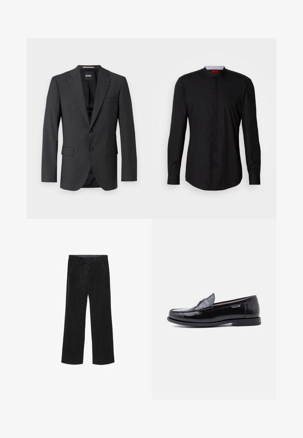 Mørkegrå blazer med klassisk notch-lapel, to forlommer, enkeltknaplukning og subtilt tekstureret stof. Indersiden er sort.; Sort langærmet skjorte med mandarin-krave, lavet af et glat stof, med knaplukning foran og diskrete designdetaljer.; Sorte, brede fløjl bukser med en glat tekstur, der har to forlommer og et tætsiddende taljebånd.; Sorte læderloafer med en blank finish, der har et syet mønster på tåen og en lav, tekstureret sort gummisål.