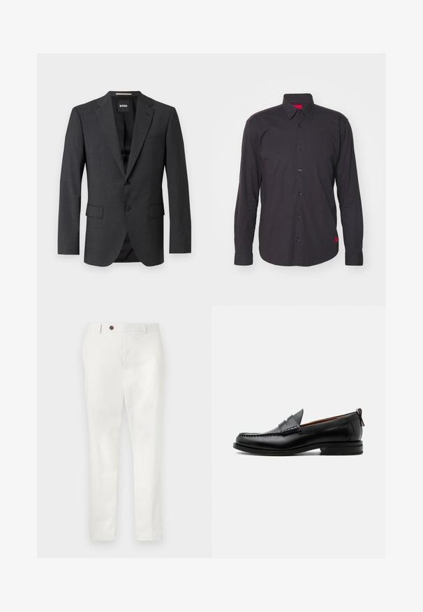 Blazer gris oscuro con solapa notch clásica, dos bolsillos delanteros, cierre de un solo botón y tejido texturizado sutil. El interior es negro.; Camisa negra de manga larga hecha de algodón, con cuello tipo punta, botonadura frontal y un acento rojo en el interior del cuello. Tejido texturizado sin patrones.; Pantalones blancos hechos de una tela ligera, con un diseño de pierna recta, un solo botón marrón en la cintura y un estilo minimalista.; Mocasín de hombre de piel negra con costura moc toe, tira penny, cuello texturizado y tacón bajo apilado sobre fondo blanco.