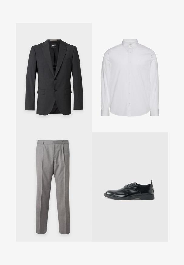 Blazer gris oscuro con solapa notch clásica, dos bolsillos delanteros, cierre de un solo botón y tejido texturizado sutil. El interior es negro.; Camisa blanca de manga larga con botones, hecha de algodón. Presenta un cuello estándar, tapeta frontal con botones y dobladillo redondeado. Logo de la marca discreto.; Pantalones gris con rayas y un corte a medida, con pliegues delanteros, trabillas para cinturón y una textura suave. Diseño de pierna recta, con dobladillos limpios.; Zapato de vestir negro de cuero brillante con tacón bajo, cierre de cordones y puntera redonda, mostrado de lado sobre un fondo claro y liso.