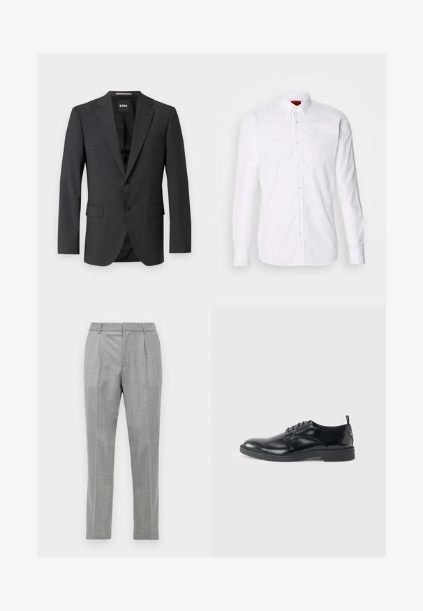 Mørkegrå blazer med klassisk notch-lapel, to forlommer, enkeltknaplukning og subtilt tekstureret stof. Indersiden er sort.; Hvid skjorte med lange ærmer, knap-front og klassisk krave, fremstillet i en blød bomulds kvalitet.; Lys grå skræddersyede dressbukser med frontfolder, bæltestropper og lige benmodul på en hvid baggrund.; Blank sort læder dresssko med lav hæl, snørelukning og rund tå, vist fra siden på ensfarvet lys baggrund.