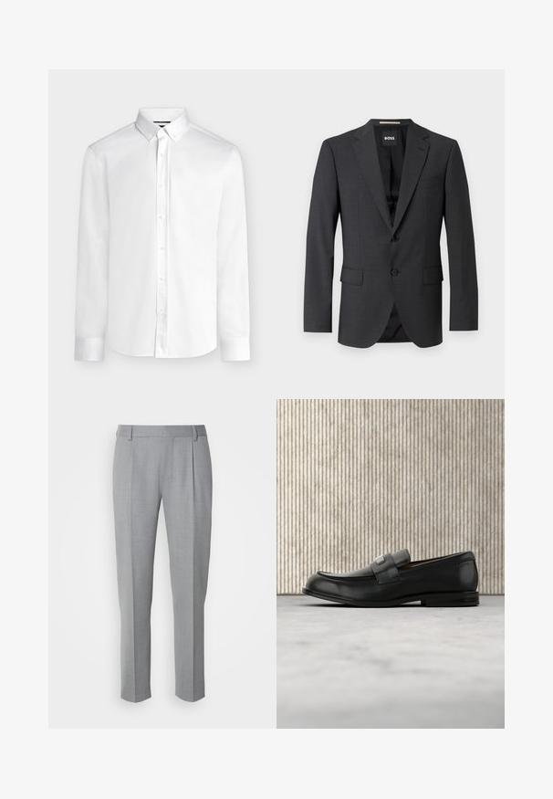 Blazer gris oscuro con solapa notch clásica, dos bolsillos delanteros, cierre de un solo botón y tejido texturizado sutil. El interior es negro.; Camisa blanca de manga larga con botones, cuello abotonado y puños estándar, mostrada sobre un fondo liso de color gris claro.; Pantalones grises a medida con una textura suave, que cuentan con un frente plano, piernas rectas y pliegues sutiles para un detalle adicional.; Mocasín de cuero negro con una placa metálica de marca apoyado cerca de una mesa redonda marrón sobre un suelo alfombrado beige.