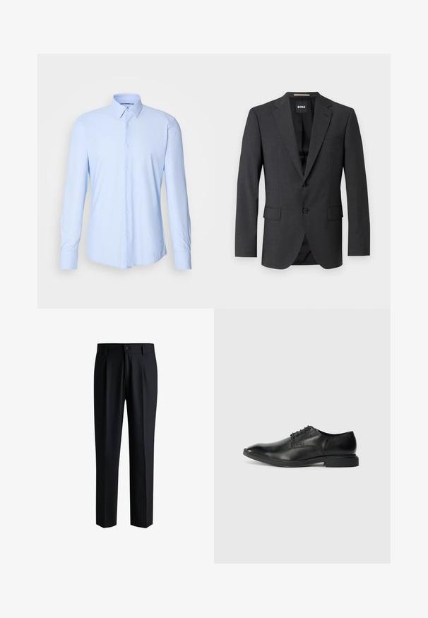 Tumed hall blazer klassikalise nõkiga, kahe esipocketiga, ühe nööbiga sulgemisega ja peene tekstuuriga kangaga. Sees on must.; Hele sinine nööpideta särk peene täppmustriga. Omab klassikalist kaelust ja pikki varrukaid nööpidega mansettidega. Puuvilla segu kangas.; Mustadest siledast kangast püksid, sirge jalaga disain, voldid ees, nööbiluku ja vööloopidega.; Mustmust must inimesetõrva sod chose?): tornado saw confident touva valge tõevru, kuue puuri; ja madala ristkülikukujulise kontsaga. Küljes peen brändimisdetail.
