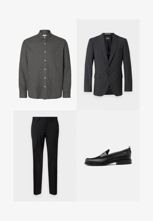 Mørkegrå blazer med klassisk notch-lapel, to forlommer, enkeltknaplukning og subtilt tekstureret stof. Indersiden er sort.; Langærmet mørkegrå skjorte med knapper, spids krave og hvide knapper ned langs midten foran.; Sorte skræddersyede bukser lavet af glat stof, med lige ben, raffinerede folder og en klassisk talje med bæltestropper.; Sort læderloafer med grå remdetalje, lav hæl og tekstureret sål, mærket med "HUGO" i guld på siden.