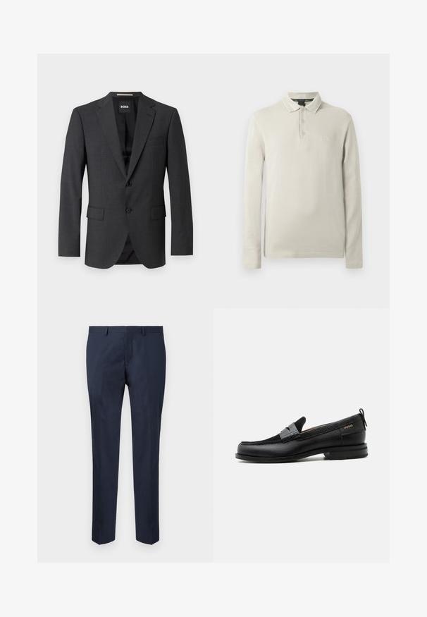 Donkergrijze blazer met een klassieke notch lapel, twee voorzakken, een enkele knopen sluiting en subtiele textuurstof. Binnenzijde is zwart.; Poloshirt met lange mouwen in lichtbeige, gemaakt van zachte stof. Voorzien van een kraag, een knoopsluiting met drie knopen en subtiele logo-borduring op de borst.; Marineblauwe op maat gemaakte broek, gemaakt van een gladde stof. Kenmerkt zich door een recht model met een platte voorkant en zijzakken.; Zwarte leren loafer met grijs riemdetailelement, lage hak en gestructureerde zool, aan de zijkant gebrandmerkt met "HUGO" in goud.