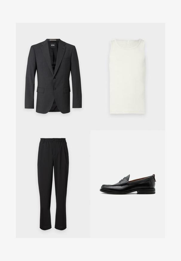 Tumed hall blazer klassikalise nõkiga, kahe esipocketiga, ühe nööbiga sulgemisega ja peene tekstuuriga kangaga. Sees on must.; Valge puuvillane tank top ümariku kaelusega, laiad õlarihmad ja keha järgnev lõige. Sile tekstuur, ilma mustrite või detailideta.; Mustad püksid elastse vöökohtaga, nööbikinnitusega ja sirge lõikega. Sile kangas, ilma nähtavate mustrite või aktsentideta.; Mustast nahast meeste mokasiin, millel on moc varbaõmblus, penny rihm, tekstuuriga krae ja madal virnastatud konts valgel taustal.