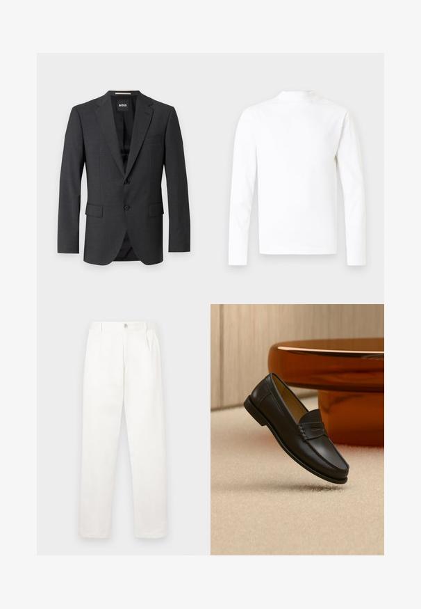Donkergrijze blazer met een klassieke notch lapel, twee voorzakken, een enkele knopen sluiting en subtiele textuurstof. Binnenzijde is zwart.; Wit shirt met lange mouwen en hoge hals van een glad katoenen stof. Heeft een eenvoudig ontwerp zonder zichtbare patronen of accenten.; Witte broeken gemaakt van een gladde stof, met een recht model, voorplooien en een enkele knoopsluiting bij de taille.; Zwarte leren loaferschoen zwevend boven een beige tapijt met amberkleurige moderne meubels op de achtergrond.