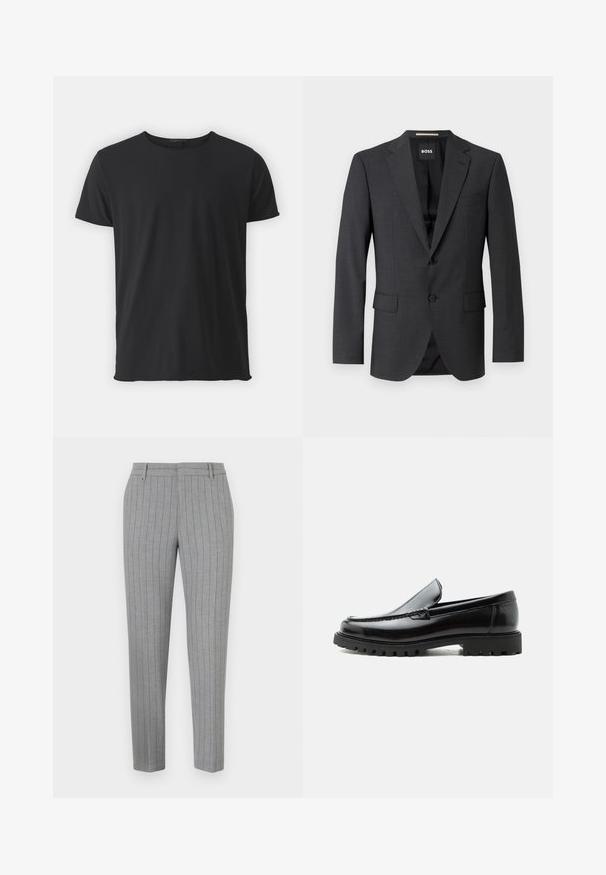 Blazer gris oscuro con solapa notch clásica, dos bolsillos delanteros, cierre de un solo botón y tejido texturizado sutil. El interior es negro.; Camiseta de manga corta negra, hecha de algodón suave, con un cuello redondo clásico y una textura suave, con un corte recto.; Pantalones a rayas grises con un ajuste entallado, frente plano y bolsillos laterales. Fabricados con una tela suave y un brillo sutil.; Mocasín de cuero negro con suela de goma gruesa, empeine cosido y nombre de la marca en relieve en el talón, mostrado en perfil lateral sobre fondo blanco.