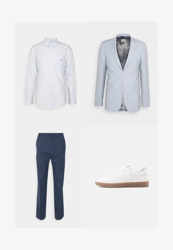 sandro Blazere - bleu clair; Lyseblå gingham skjorte med knapper, lange ærmer, krave og lille logo på brystet. Fremstillet af bomuld og med en glat tekstur.; Tiger of Sweden ISCOVE - Bukser - light ink; Hvid lav sneaker med gummisål i naturfarve, syninger og snørebånd på neutral baggrund.