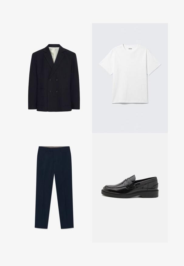 Veste noire croisée à quatre boutons, avec des revers crantés, deux poches avant et doublure intérieure à rayures blanches.; T-shirt blanc à manches courtes et col rond, étalé à plat, design uni, avec l'étiquette "WEEKDAY" à l'intérieur du col sur un fond clair.; Pantalon de costume bleu marine en tissu lisse, doté d'une taille plate, de passants pour ceinture et de jambes droites à coupe ajustée.; Mocassins en cuir noir avec une finition lisse, un bout rond, un petit talon et descoutures décoratives à l'avant. Semelle en caoutchouc pour l'adhérence.