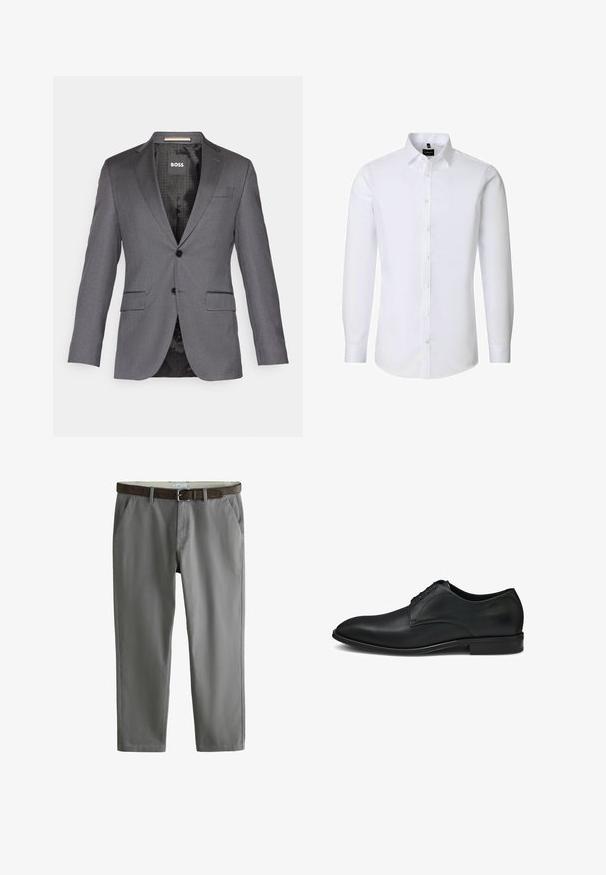 Grijze getailleerde blazer met een notch revers, twee voorkruiken, een enkele knoopsluiting en zwarte voering met een subtiel patroon.; Witte herenoverhemd met lange mouwen, knoopsluiting aan de voorkant en klassieke kraag, effen ontwerp, getoond tegen een witte achtergrond.; Grijze casual broek met zijzakken en een bruine leren riem, plat uitgelegd tegen een witte achtergrond.; Zwarte leren nette schoen met een gladde afwerking, ronde neus en een vetersluiting met vijf oogjes, voorzien van subtiele stikdetails.