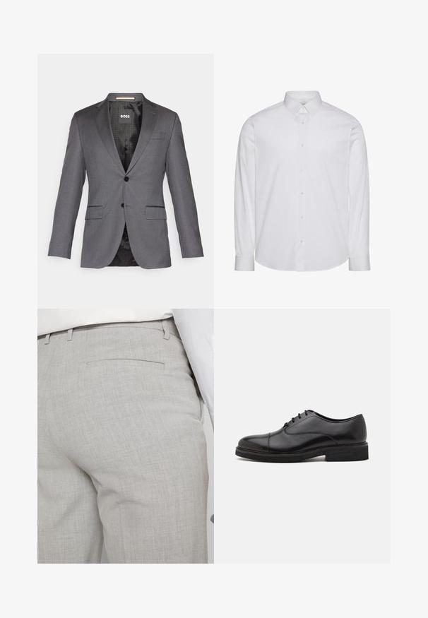 Blazer gris ajustado con solapas de muesca, dos bolsillos frontales, cierre de un solo botón y forro negro que presenta un patrón sutil.; Camisa blanca de manga larga con botones, hecha de algodón. Presenta un cuello estándar, tapeta frontal con botones y dobladillo redondeado. Logo de la marca discreto.; Pantalones grises claros a medida hechos de tela texturizada, con un solo bolsillo trasero y costuras limpias.; Zapato de vestir negro de cuero con punta redondeada, detalles de costura sutil, diseño de cordones y suela de goma negra contrastante.