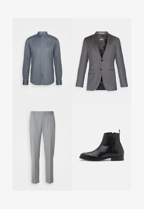 Grauer maßgeschneiderter Blazer mit Reverskragen, zwei Vorderaschen, Ein-Knopf-Verschluss und schwarzer Fütterung mit einem dezenten Muster.; Langärmliges Hemd mit Knöpfen aus dunkelgrauem Stoff, mit einem Kragen, Frontknöpfen und Manschetten. Glatte Textur mit passgenauer Design.; Grau zugeschnittene Hosen mit glatter Textur, flachem Frontbereich, geraden Beinen und dezenten Falten für zusätzliche Details.; Zign LEATHER - Stiefelette - black