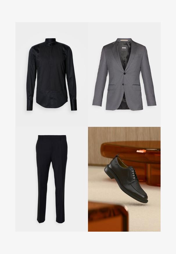 Grå skræddersyet blazer med spids revers, to forlommer, enkelt knappelukning og sort foret med et subtilt mønster.; Sort langærmet skjorte med mandarin-krave, frontpanel med lodrette striber og glat tekstur. Kommer med knaplukninger.; Sorte bukser lavet af vævet stof, med en skræddersyet pasform, flad front, sidelommer og lige ben-design.; Sort lædersko med snørebånd og tekstureret front, svævende over beige tæppe i et moderne rum med møbler i ravfarvet toning.
