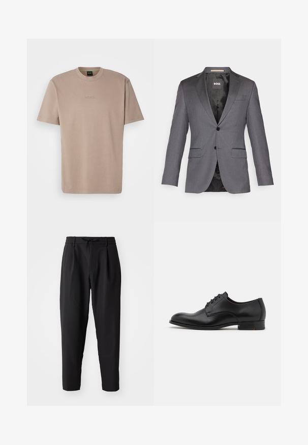 Blazer gris ajustado con solapas de muesca, dos bolsillos frontales, cierre de un solo botón y forro negro que presenta un patrón sutil.; Camiseta de algodón suave color beige con mangas cortas y cuello redondo, que presenta un logo bordado de "BOSS" en el pecho.; Pantalones negros ajustados con cintura elástica y cordón. Tejido suave con una textura ligera, con pliegues y bolsillos laterales.; Zapato de vestir de cuero negro con punta redonda, seis ojetes, acabado liso y un tacón bajo apilado. Presenta un sutil detalle de costura.