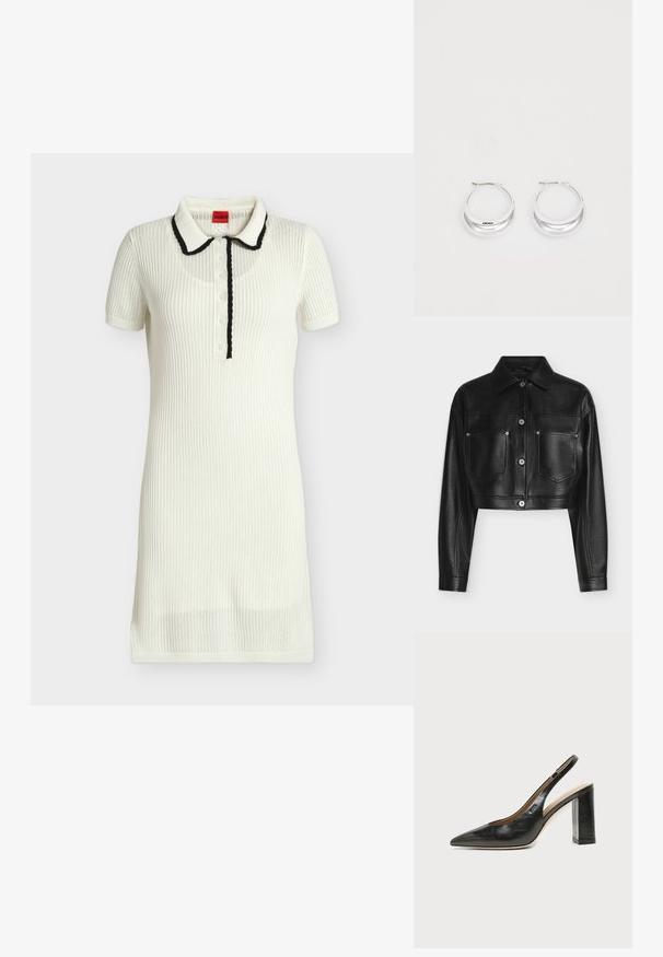 Veste en cuir noire raccourcie avec manches longues, fermeture par boutons, col pointu et deux poches poitrine avant sur fond blanc.; Robe tricotée blanche à manches courtes, col bordé de noir et patte de boutonnage, texture côtelée et longueur mi-cuisse.; Chaussure slingback en cuir noir à bout pointu avec un talon bloc haut et une doublure intérieure beige sur un fond clair uni.; Boucles d'oreilles en argent avec une finition polie et un branding DKNY, présentées sur un fond blanc uni.