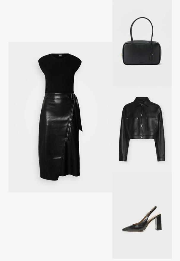 Zwarte cropped leren jas met lange mouwen, knoopsluiting, puntkraag en twee voorzakken op de borst tegen een witte achtergrond.; Zwarte jurk met een aansluitende top en een vloeiende, leren midi-rok. De rok heeft een zijrits en een stoffen strik in de taille.; Zwarte leren slingback schoen met spits toelopend neusje, hoge blokhak en beige binnenvoering tegen een effen lichte achtergrond.; Zwarte rechthoekige handtas met dubbele afgeronde handvaten, gouden ritssluiting en geperst "HUGO" logo aan de voorkant met een aangehecht lederen label.
